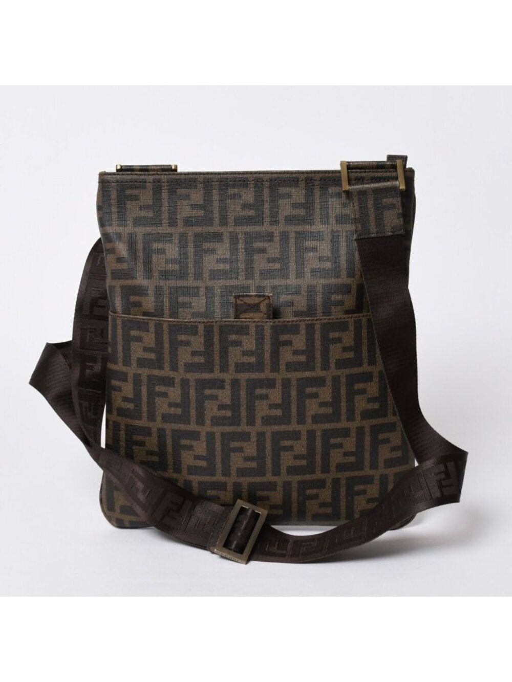 Fendi Shoulder Bag Zucca Pattern FF Logo Brown Black Gold